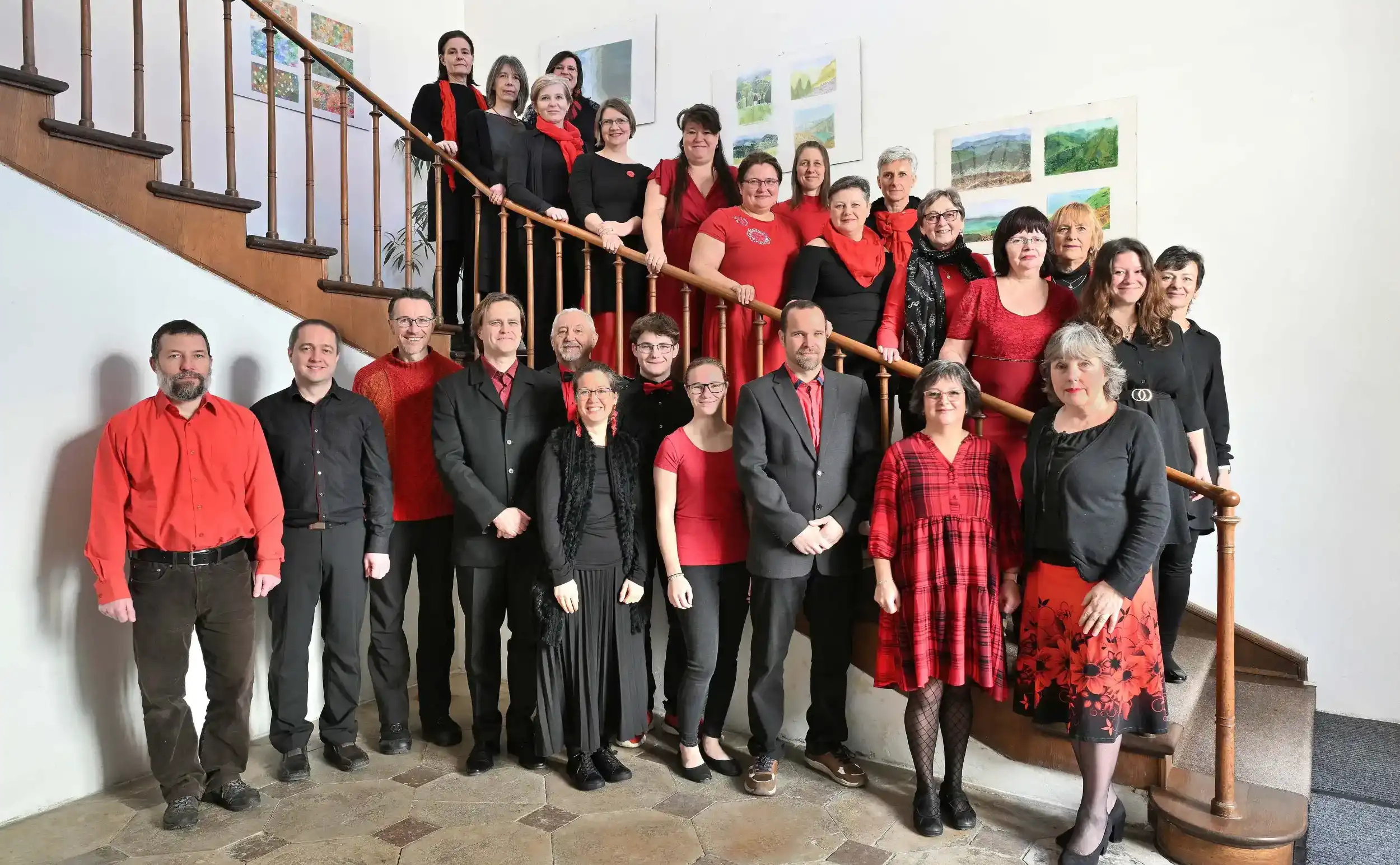 Members of the Cantus Choceň choir on a staircase